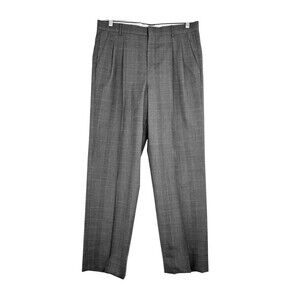 Mens Gray Plaid Pleated Cuffed Wool Dress Pants Size 34 X 32